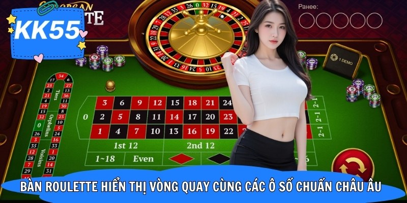 Bàn roulette hiển thị vòng quay cùng các ô số chuẩn châu Âu